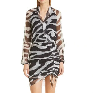 MOTHER OF ALL Vera Ruched Long Sleeve Silk Dress Black and White size 8/10 NWT